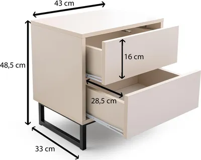 A beige bedside table with a black metal frame and two drawers, shown with dimensions indicated by measurement lines and text.