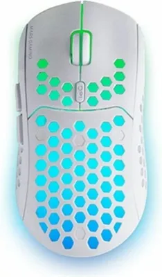 A white gaming mouse with hexagonal cutouts that are illuminated with green and blue light.