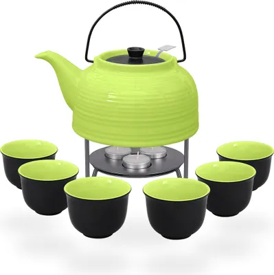Produktbild von Nelly Teeset / Teeservice / Teekanne Keramik 1,5l mit Sieb, Stövchen und 6 Teetassen 120ml, grün/schwarz