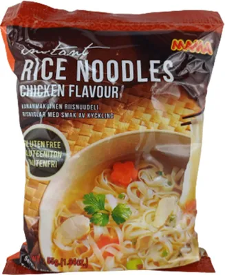 A package of instant rice noodles with chicken flavor.