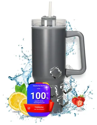 Zdjęcie produktu dla Termos Kubek "Tampa" 800 ml - stal nierdzewna, idealny do gorących i zimnych napojów, z słomką i rączką - kolor: szary/kremowy