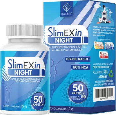 A product shot of a bottle of SlimEXin Night supplements next to its packaging.