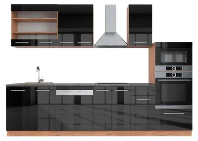 Image de Cuisine Vicco Fame-Line Anthracite brillant/Chêne doré 300cm avec armoire haute, PT Anthracite, Model 42801