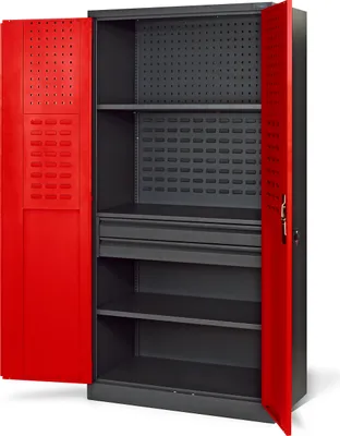 Image de Armoire à outils Armoire d'atelier en métal avec tiroirs porte à charnières 3 étagères revêtement en poudre 185 cm x 92 cm x 50 cm, Couleur : Anthracite Rouge
