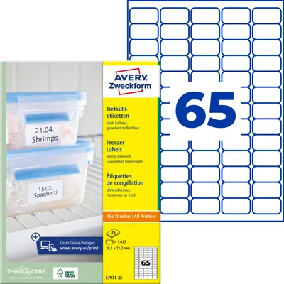 Produktbild von Avery Zweckform L7971-25, Tiefkühl-Etiketten, A4, 38,1 x 21,2 mm, 1.625 Etiketten / 25 Bögen, weiß