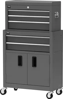 Immagine prodotto di Carrello-armadietto metallico portautensili porta attrezzi multifunzione 2 pezzi-doppio con 8 cassetti e ruote mobile grigio, organizzatore per officina garage HBM Premium Olanda