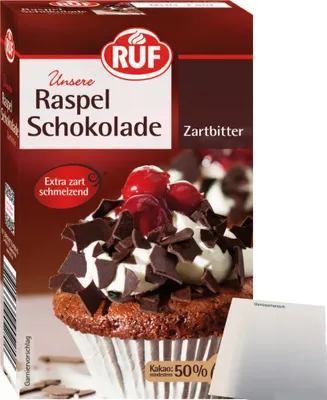 Produktbild von RUF Zartbitter Raspel-Schokolade hauchdünn extra zarter Schmelz (100g Packung) + usy Block