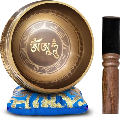 Produktbild von Tibetische Klangschale Für Meditation und Yoga Set Mit Klangstab und Kissen Gold 10 cm