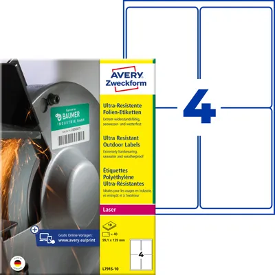Produktbild von Avery Zweckform L7915-10, Ultra-Resistente Folien-Etiketten, A4, 99,1 x 139 mm, 40 Etiketten / 10 Bögen, weiß
