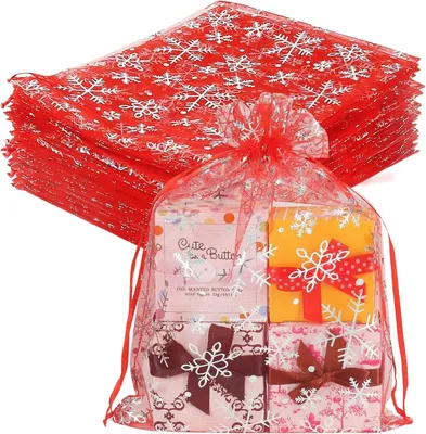 Produktbild von 100 Stück Organzasäckchen Weihnachten, 17x23cm Rot Organza Säckchen Gross Schneeflocke Säckchen mit Kordelzug Geschenksäckchen für Weihnachtsseife, Schmuck, Süßigkeiten