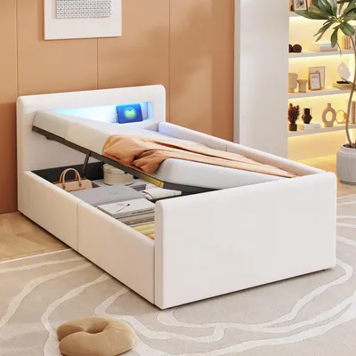 Productafbeelding van Sweiko gestoffeerd kinderbed, 90x200 cm, met LED-verlichting, nachtlampje en USB-oplaadpoort, met plank, met hydraulische opbergruimte, eenvoudig eenpersoonsbed, geschikt voor jongens- en meisjeskamers, fluweelstof, beige