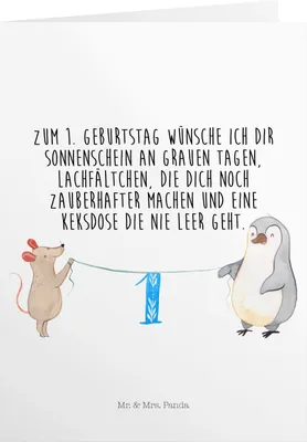 Produktbild von Mr. & Mrs. Panda Geburtstagskarte Spruch 1. Geburtstag Maus Pinguin - Weiß - Geschenk, Party, Einladungskarte, gutscheinkarten, Kuchen, einladungskarten, Feiern