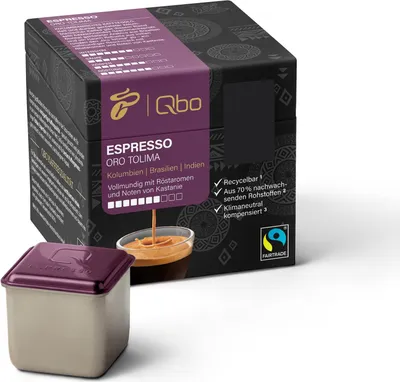 Produktbild von Tchibo Qbo Espresso Oro Tolima Premium Kaffeekapseln, 8 Stück (Espresso, Intensität 7/10, vollmundig mit Röstaromen), nachhaltig, aus 70% nachwachsenden Rohstoffen & klimaneutral kompensiert