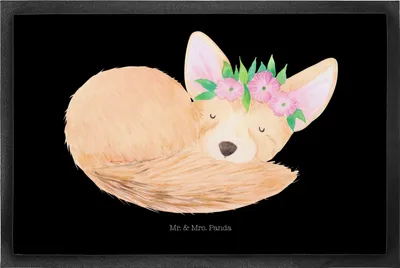 Produktbild von Mr. & Mrs. Panda Fussmatte Wüstenfuchs Blumen 50 x 75 cm - Schwarz - Geschenk, Glücklich, Fußabtreter, bodenmatte, Afrika, Wüste, Türvorleger, Blumenkranz, Schmutzmatte