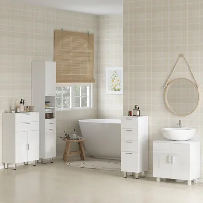 Produktbild von Hoher Badezimmerschrank mit Schublade, 2 Türen und verstellbaren Regalen, 30x30x180 cm, Weiß Hochglanz