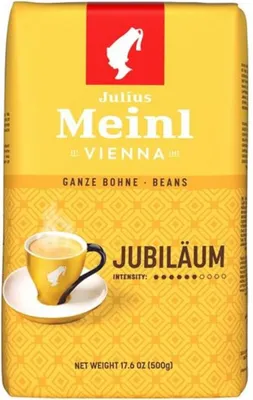 A bag of Julius Meinl coffee beans with a cup of coffee shown.