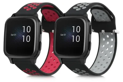 Produktbild von kwmobile 2x Uhrenarmband für Garmin Venu Sq Music / Sq Armband - Fitnesstracker Band Set aus TPU Silikon - Ersatzarmband Smartwatch - Schwarz Grau