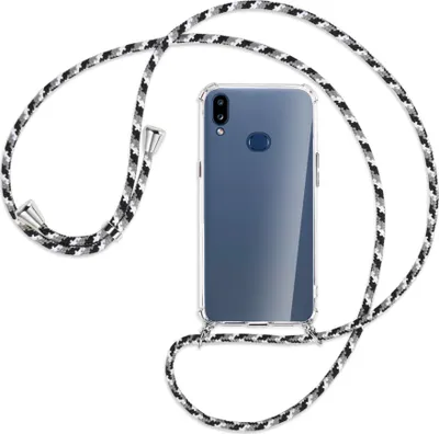 Produktbild von Handykette Backcover-Schutzhülle mit Band (Metall silberfarben) für Samsung Galaxy A10s - schwarz/grau/weiß