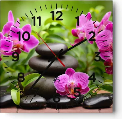 Produktbild von Wanduhr - Quadrat - Glasuhr - Blumen Steine Bambus Dekoration - 40x40cm - Schleichendes Uhrwerk - Lautlos - zum Aufhängen bereit - Dekoration Modern - Wanddekoration aus Glas - C4AC40x40-2687