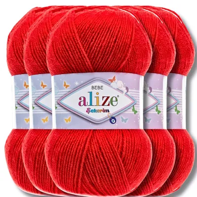 Produktbild von Alize 5x 100g Sekerim Bebe Wolle, Uni, Stricken, Häkeln (Red - 56)