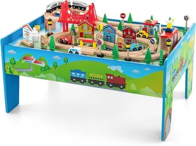 Imagen del producto de Mesa de juego de madera, juego de tren de 80 piezas, tren de madera con raíles, tablero de juego reversible y desmontable, juguete para niños a partir de 3 años (80 piezas)