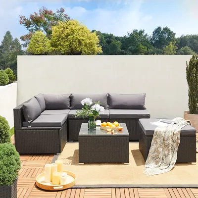 Produktbild von CASARIA® Gartenmöbel Set Polyrattan 5 Personen Wetterfest Tisch 5mm Sicherheitsglas Lounge Outdoor Terrasse Eck Sofa Sitzauflagen, Farbe:schwarz/anthrazit