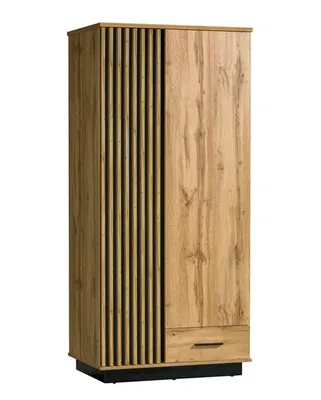 Produktbild von Zweitüriger Kleiderschrank LAMELO LA1 mit einer Schublade, Drehtürenschrank [Eiche Wotan + Schwarz]