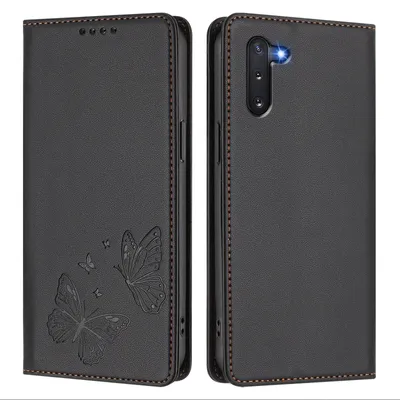 Image de Étui en cuir pour Samsung Galaxy Note 10, motif papillon en relief, étui portefeuille à rabat avec support, noir