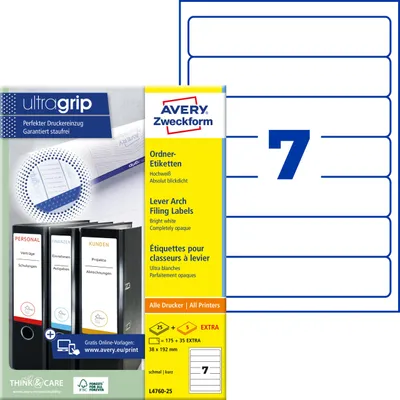 Produktbild von Avery Zweckform L4760-25 Ordner-Etiketten, 192 x 38 mm, 25 Blatt/175 Etiketten, weiß