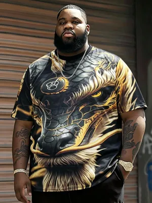 Produktbild von Men'S Plus Size Print T-Shirt, Plus Size Men'S Print Short Sleeve, Black And Golden Dragon Design Short Sleeve T-Shirt, Trendy Brand Print Pattern Digital Print Plus Size Trendy T-Shirt Plus Size Casual T-Shirt Round Neck Breathable Versatile Casual, 2XL