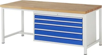 Produktbild von Werkbank mit 5 XXL Schubladen - Vollauszug - 90:2 / 120:3 - 840 x 2.000 x 900 mm (HxBxT) - Traglast 1.250 kg - Buche