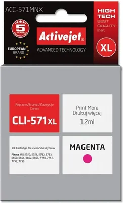 Produktbild von Activejet ACC-571MNX Tintenpatrone (Ersatz für Canon CLI-571M XL; Höchste; 12ml; magenta), Hohe (XL-) Ausbeute, Magenta, Tinte auf Farbstoffbasis, 12 ml, 1 Stück(e), Einzelpackung