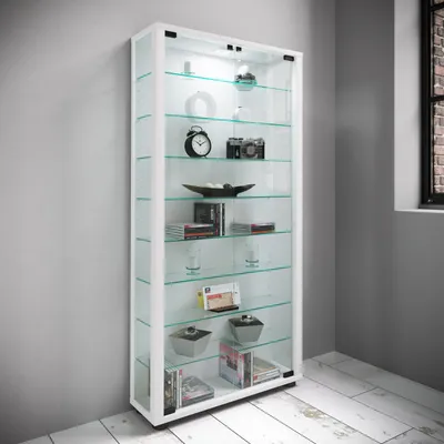 Produktbild von VCM Glasvitrine stehend | Vitrine Glas mit ESG-Sicherheitsglas | Maße ca.H. 113 x B. 59 x T. 18 cm | Standvitrine Glas | Modern und platzsparend | Glas Vitrinenschrank – Lumo Maxi