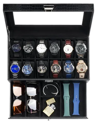 Produktbild von Uhrenbox Uhrenkasten Uhrenkoffer - 12 Uhren - Mit Glasdeckel - Schwarz - 34 x 19 x 15 cm