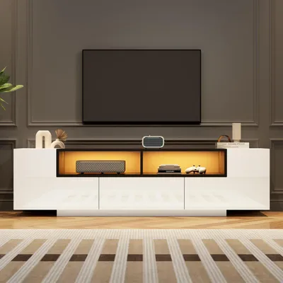 Immagine prodotto di Mobile TV con illuminazione a LED, 2 pensili a forma di "L", 1 cassetto, adatto per televisori da 75 pollici, dimensioni 180x40x48 cm, colore bianco e nero