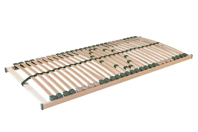 A wooden bed slatted base on a white background.