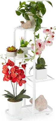 Produktbild von Relaxdays Blumentreppe Metall, 4-stufige Blumenetagere, draußen & drinnen, HBT: 81 x 44 x 24,5 cm, Pflanzenregal, weiß