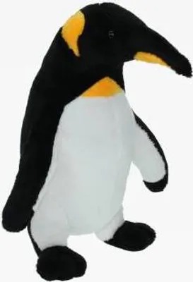 A plush toy king penguin standing against a white background.