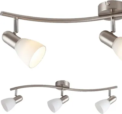 Two track lighting fixtures are shown against a white background. The top fixture is a curved track with three spotlights, and the bottom fixture is a straight track with two spotlights.