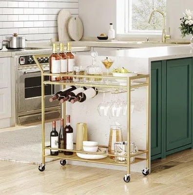 Produktbild von Gelber Barwagen für den Haushalt – Zweiteilige Küchenwagen mit Weinregal und Glasvitrine, mobiler Servierwagen mit Sicherheitsgeländern