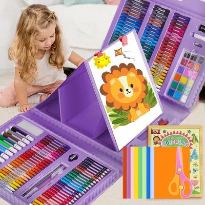 Produktbild von Malset Deluxe 208-teilig Malkoffer für Kinder Buntstifte Wasserfarben Ölpastell Zeichenstifte Bleistifte Lila