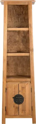 A tall, narrow wooden cabinet with two doors at the bottom and open shelves above.