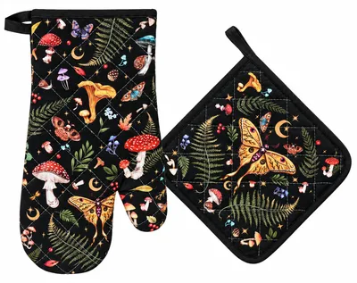 Ofenhandschuh- und Topflappen-Set, 2-tlg., Baumwolle, Pilzmotiv, 18 x 32 cm