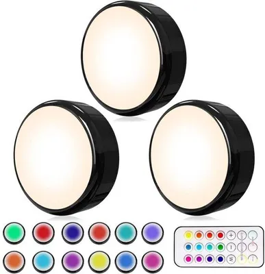 Image de Éclairage sans fil RGBW pour coffret - Lot de 3 - Veilleuses LED 16 couleurs - Avec télécommande et minuterie - Fonctionnant sur piles - Intensité réglable