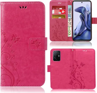 A collage of images showing a pink flip phone case with a floral pattern, including close-ups of the card slots and the phone in the case.