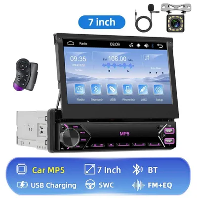 Obrázek produktu pro Autorádio MP5 – 1-DIN – dotykový displej 17,8 cm – výstupní výkon 4×45 W – FM rádio – USB až 128 GB – zadní kamera s 12 LED diodami – bílá