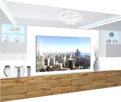 Produktbild von BELINI Wohnwand Vollausstattung Wohnzimmer-Set Moderne Schrankwand mit LED-Beleuchtung Weiß Glänzend Anbauwand TV-Schrank Weiß / Eiche Wotan Glänzend/Matt