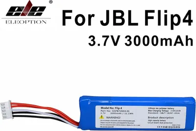 A product image showing a battery for a JBL Flip 4 speaker, with text overlay indicating product details and brand.