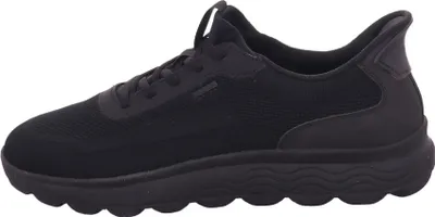 A side view of a black Geox sneaker.