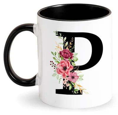 Produktbild von Keramiktasse mit Buchstabe und Blumen, Kaffeetasse 350 ml, spülmaschinenfest